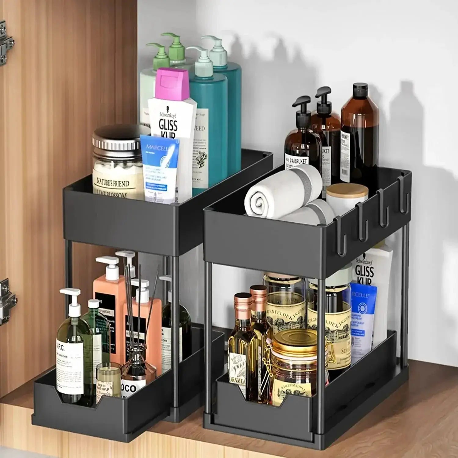 Simples Market black metal 2-tier under-sink sliding cabinet organizer with hooks, two units