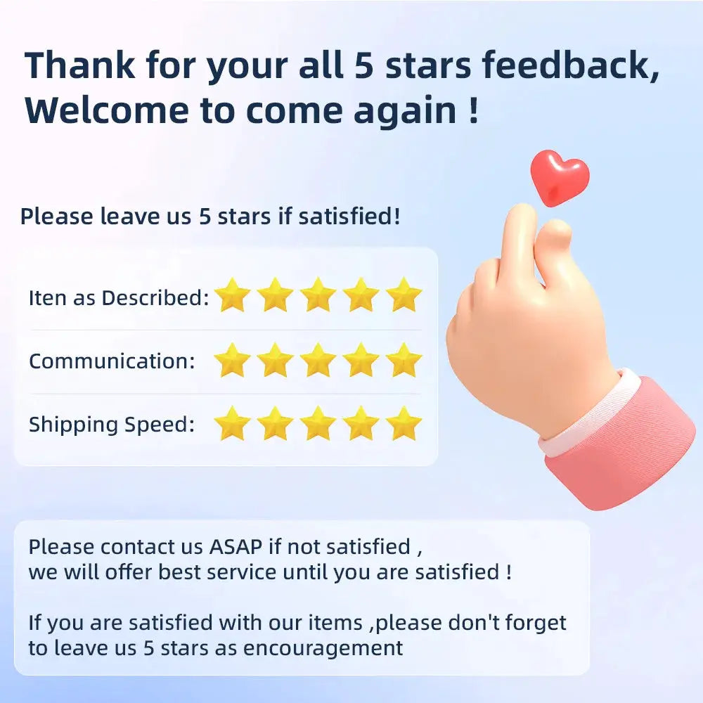 Customer feedback banner showing 5-star rating boxes, blue gradient background, and a hand with a heart