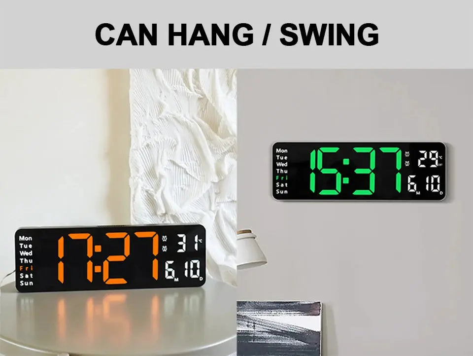 Large digital wall clocks with orange and green LED displays; one on a table and one wall-mounted