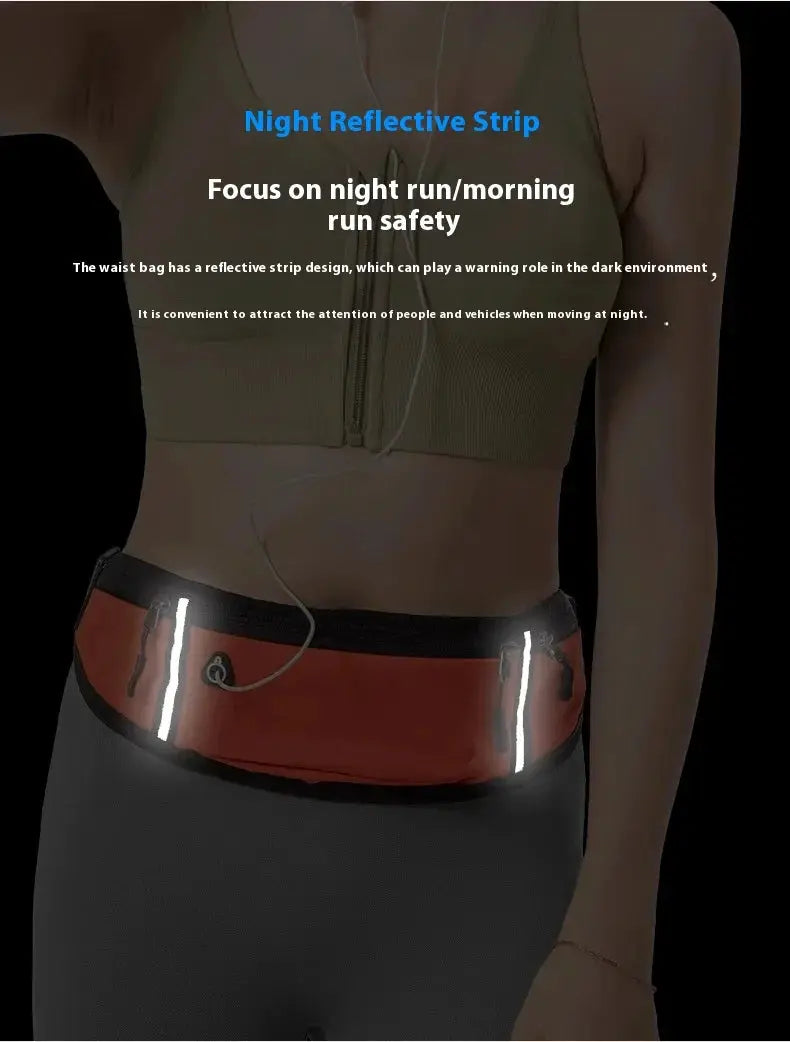 Simples Market waist pack, red waterproof sport bag with black trim and reflective strips for night running