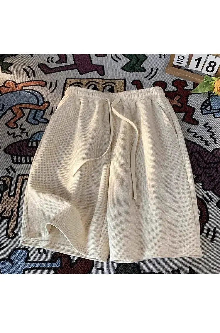 Waffle shorts men's beige lightweight loose-fit with drawstring for casual summer wear
