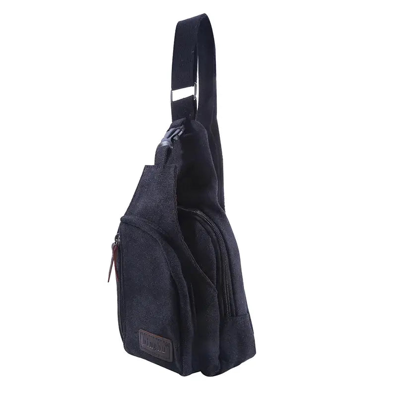 Mens vintage canvas satchel shoulder bag by Simples Market, compact dark navy with multiple pockets.