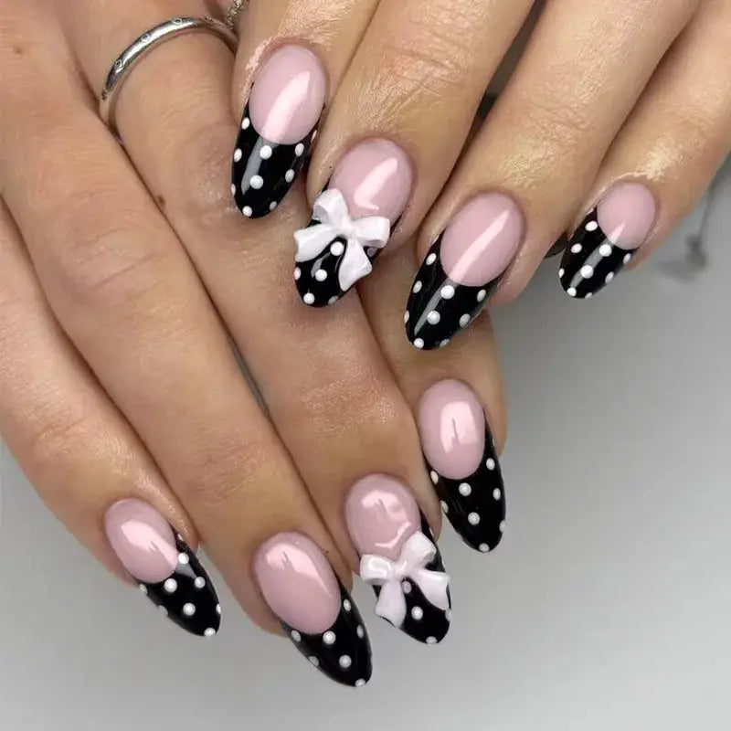 LuxeNail White French Press On Nails 3D Bowknot Full Cover Tips Durable 24Pcs DIY Manicure Set