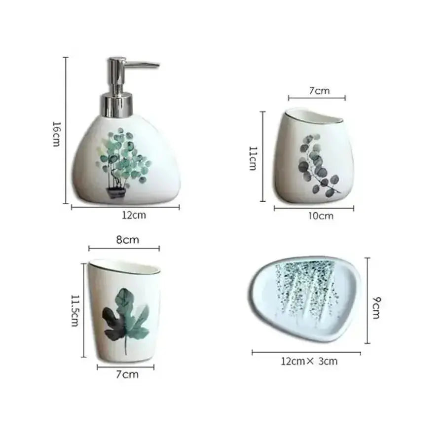 White ceramic bathroom set by Simples Market: soap dispenser, toothbrush holder, mouthwash cup, lotion bottle and tray