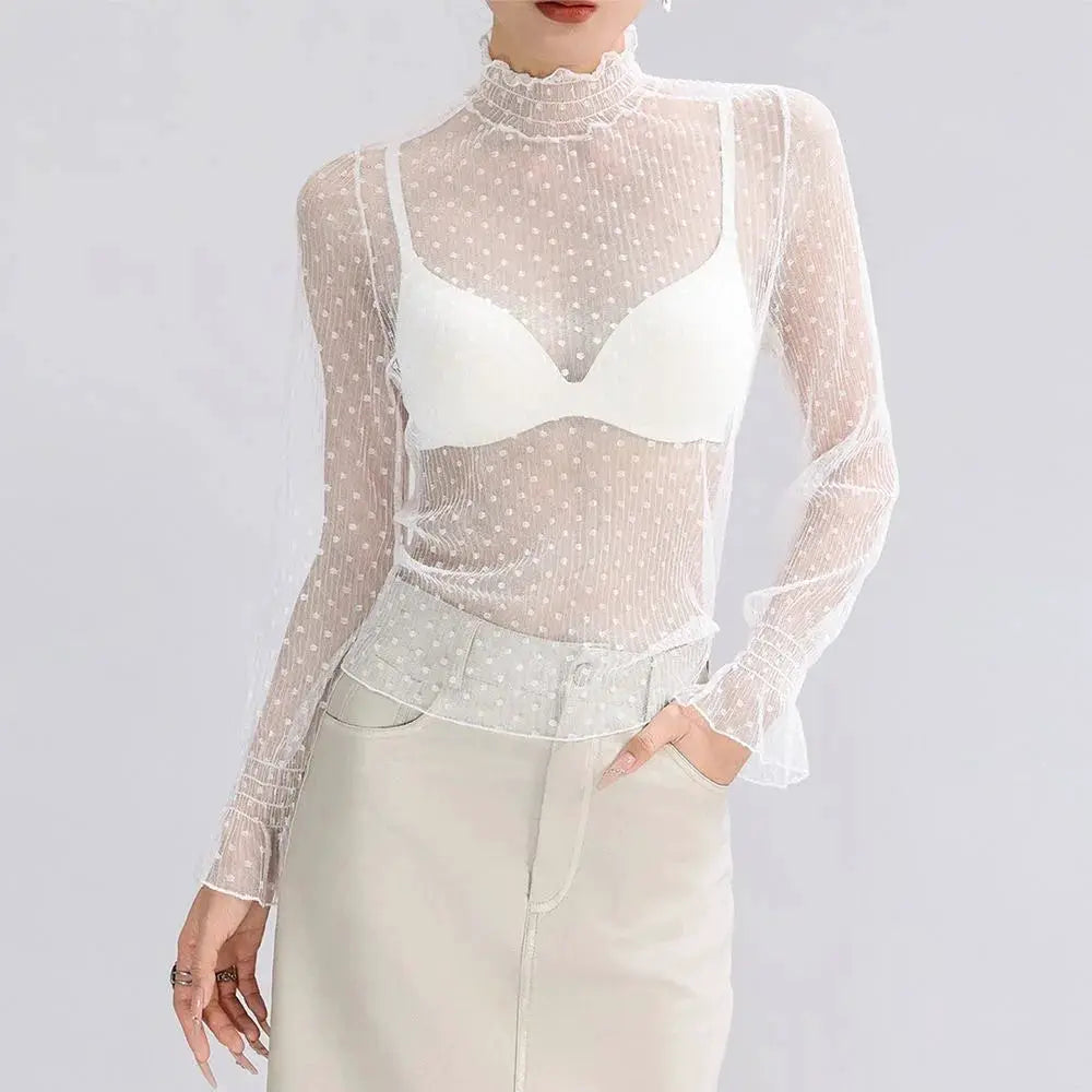 Women’s sheer mesh blouse, white with polka-dot texture, long sleeves