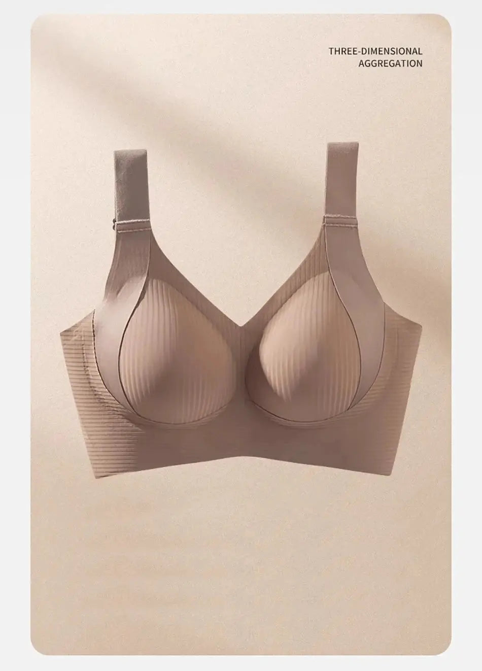 Seamless wireless bra in beige ribbed fabric with adjustable straps