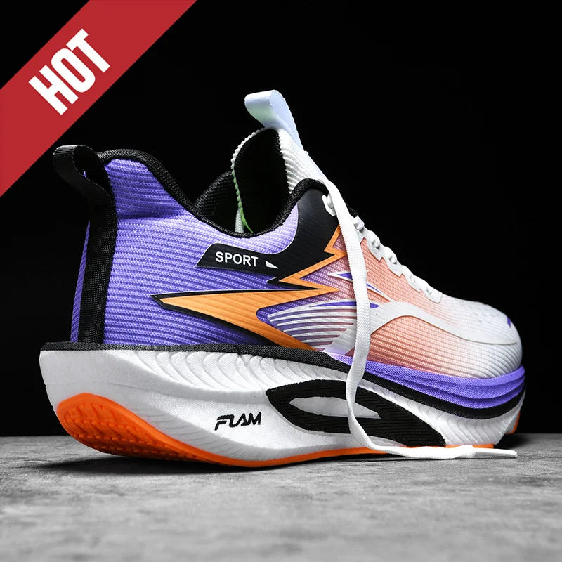 Sport running shoe in purple, peach and white gradient with breathable mesh and orange outsole.