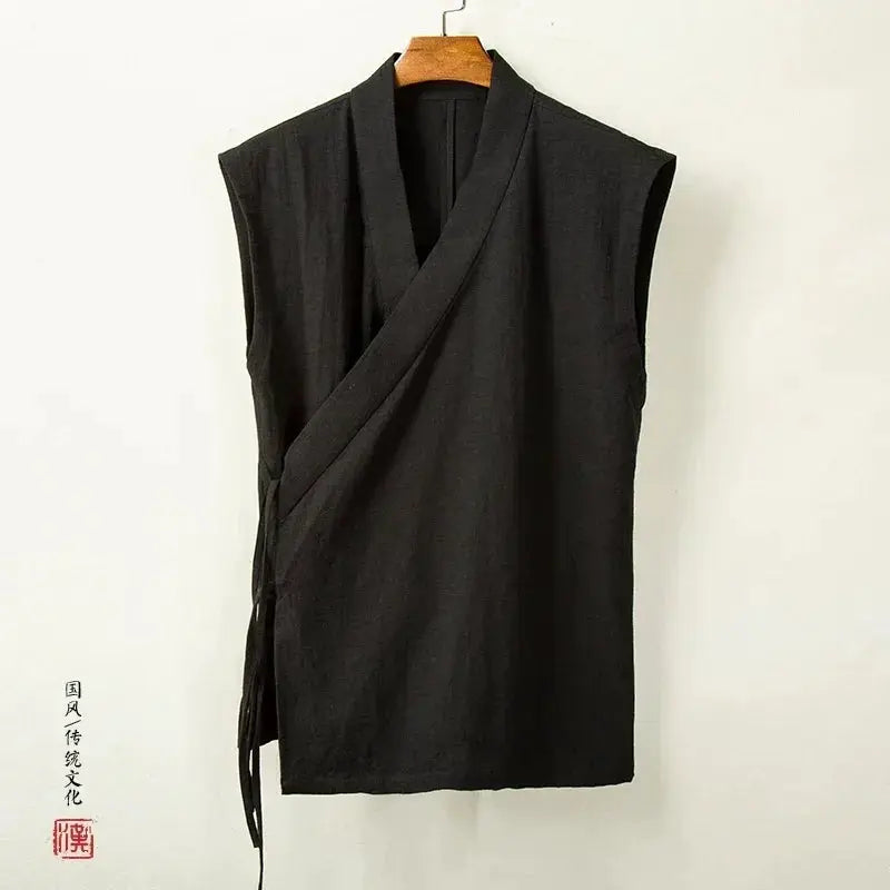 Men's black Hanfu vest, linen-cotton sleeveless wrap top