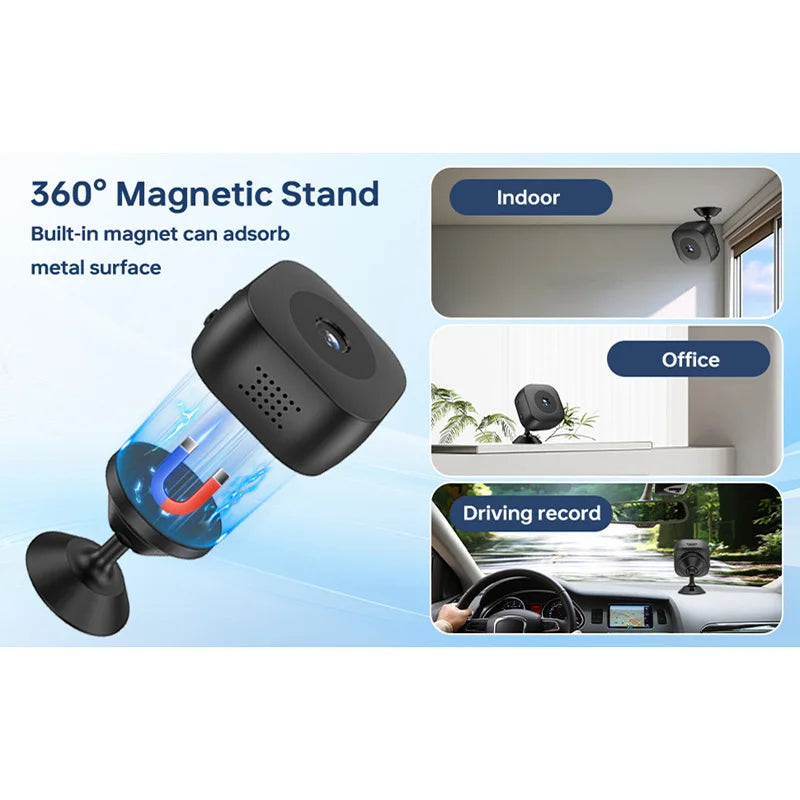 Smart 4K mini camera with 360° magnetic stand; full-color night vision, WiFi, motion detection for indoor and car use.