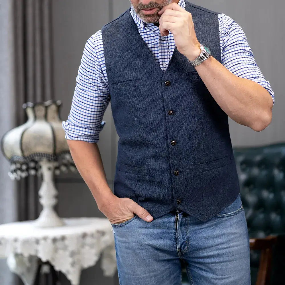 Men's navy blue herringbone tweed waistcoat, V-neck, slim-fit with front buttons