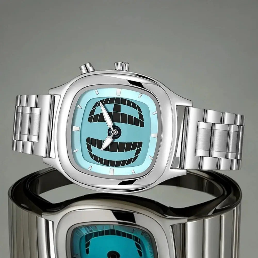 Men's dual-display wristwatch by Simples Market, stainless steel case/bracelet with turquoise dial and waterproof quartz.