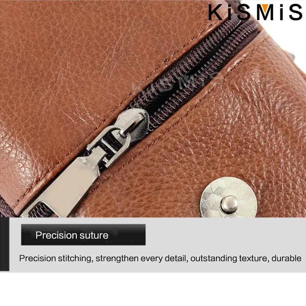 KISMIS men's brown leather waist bag with zippered pocket, silver hardware and snap button, Simples Market branding