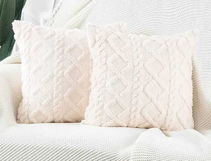 Lumbar pillow covers set of 2, cream plush with cable-knit pattern on a white sofa