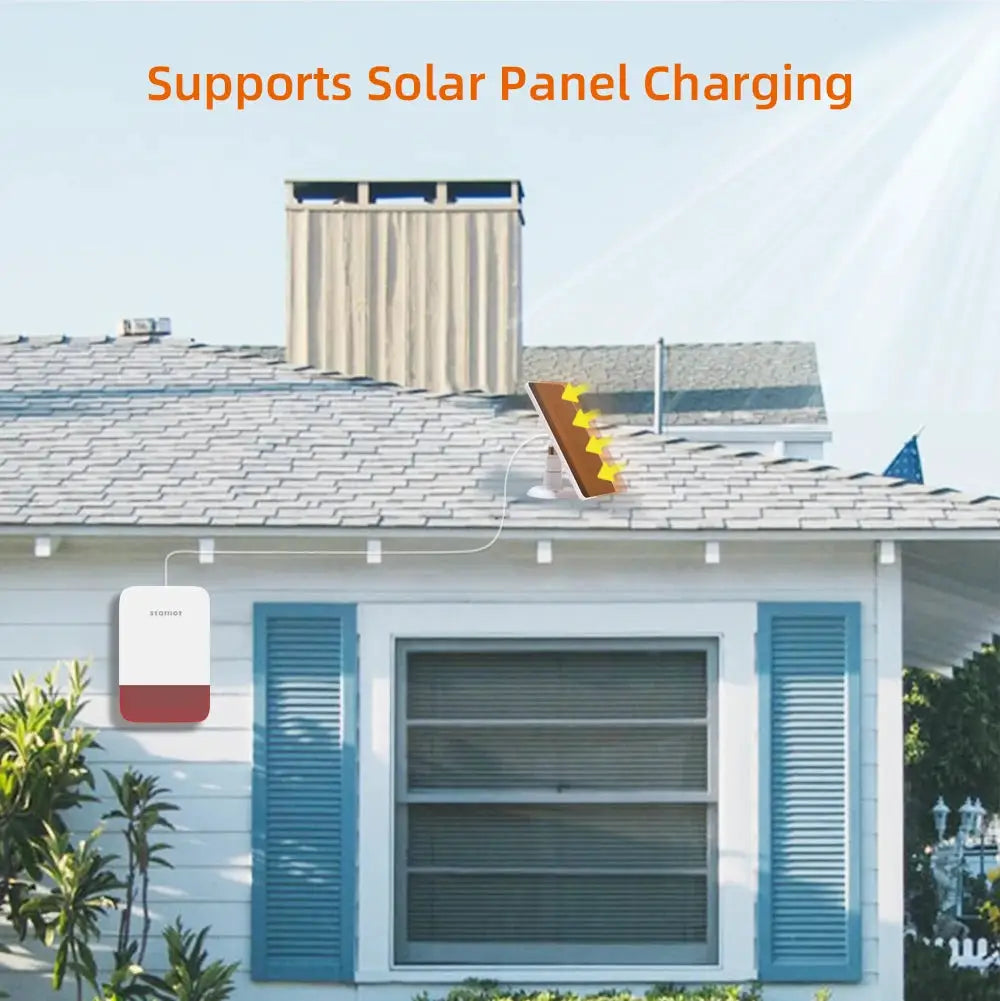 Staniot wireless strobe siren by Simples Market with solar charging, white body and red base.