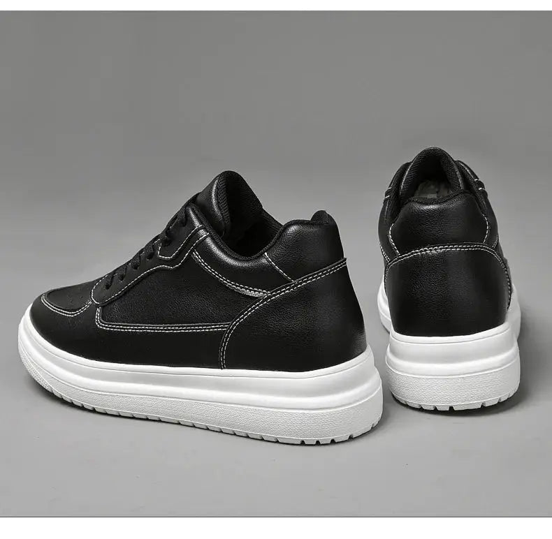 Men's black leather elevator sneakers with white platform sole, height increase 6/8/10 cm