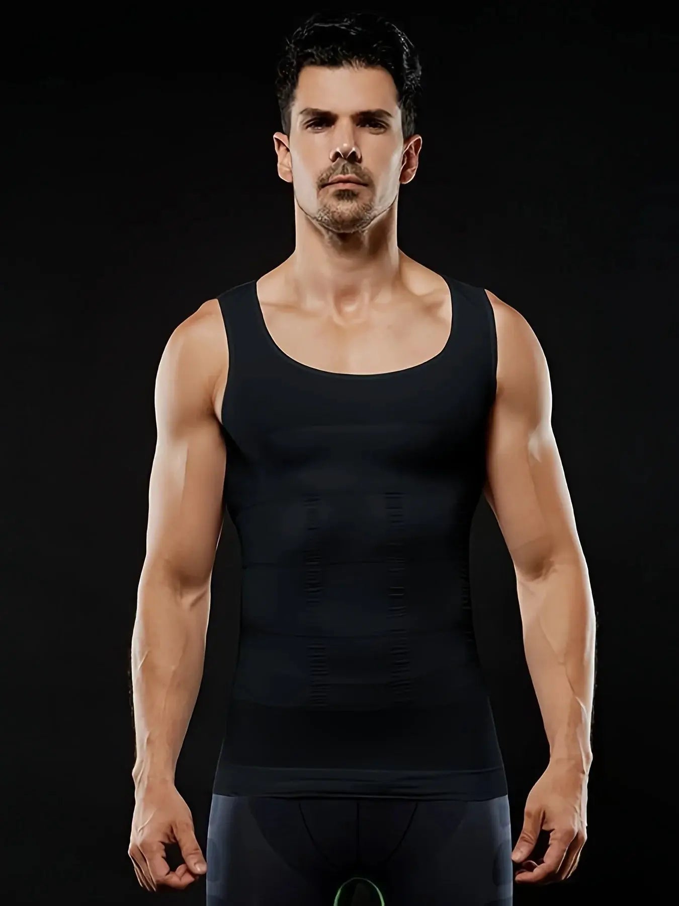 Simples Market men's compression body shaper tank top in black; snug sleeveless slimming vest.