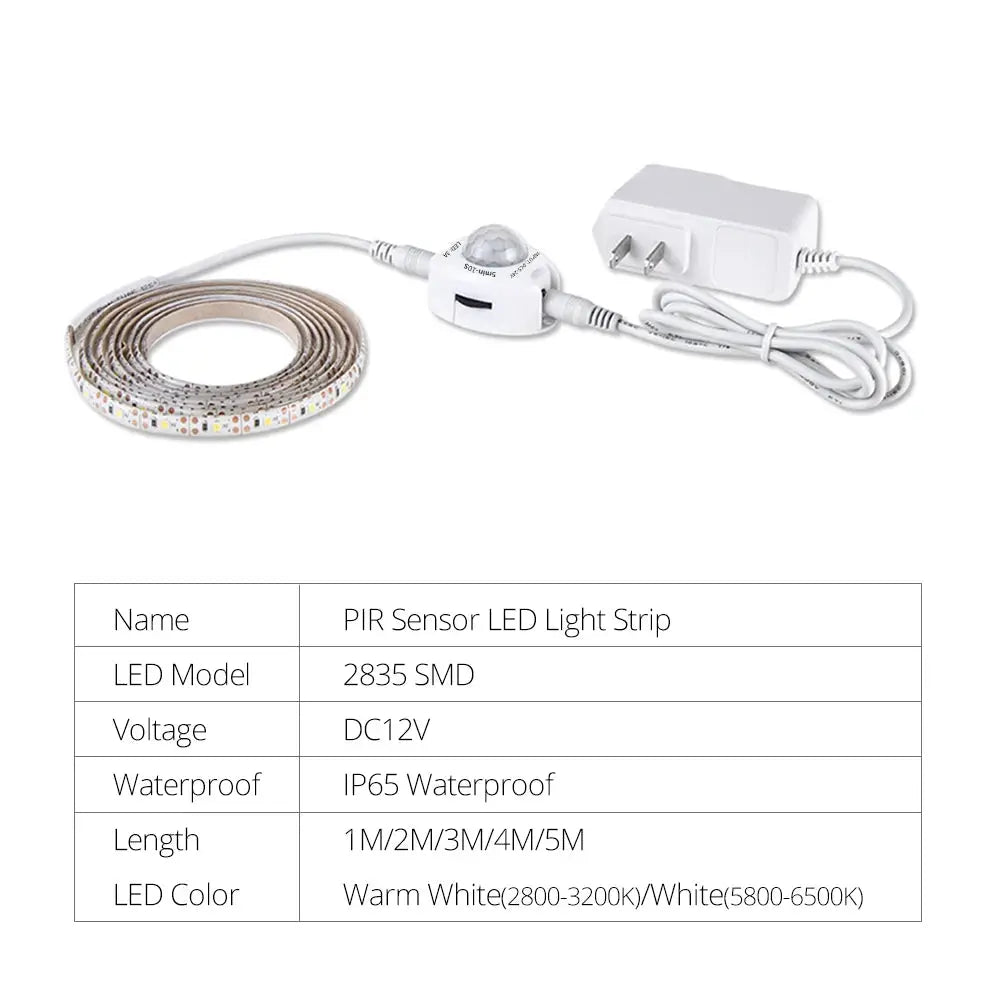 Simples Market PIR Sensor LED Light Strip, warm white LEDs, DC12V, 1–5m length with power adapter