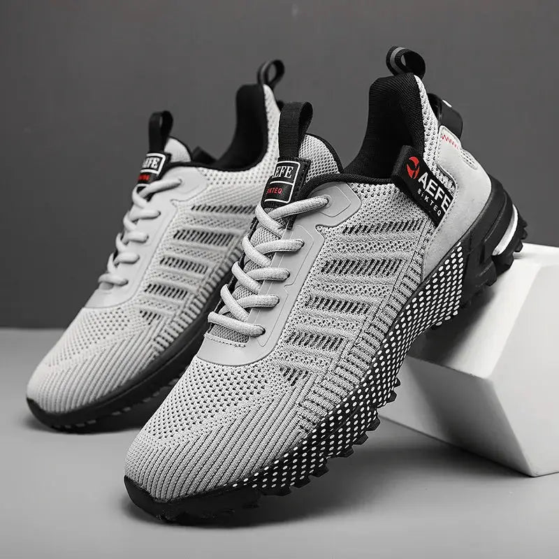Men's running shoes Simples Market, grey breathable knit upper, lightweight athletic sneakers, pair