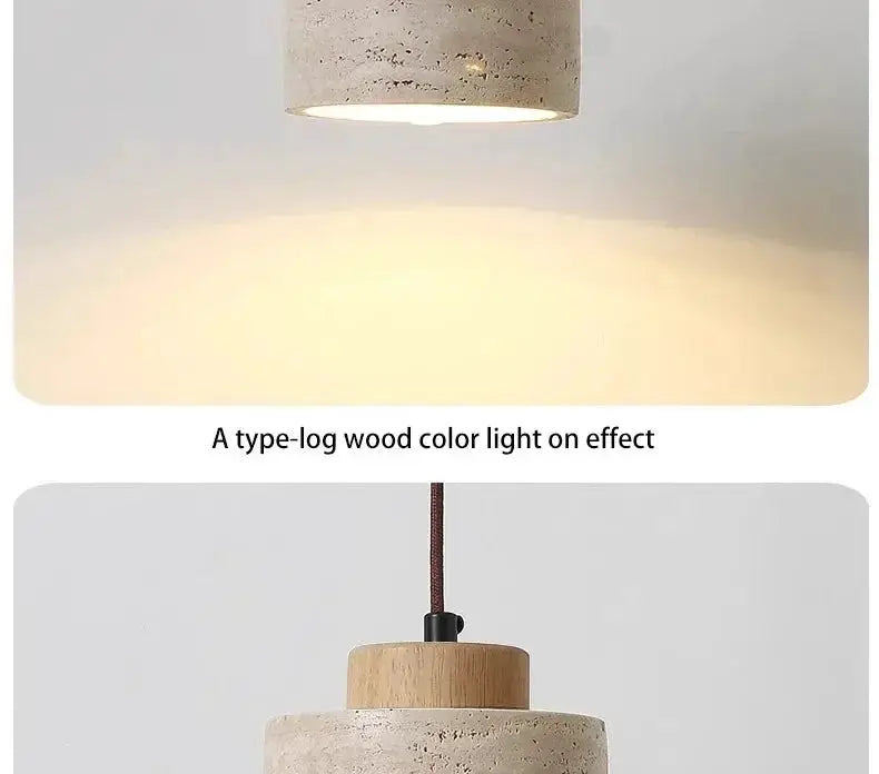 Led pendant lamp with stone-texture concrete shade and wood-tone canopy by Simples Market