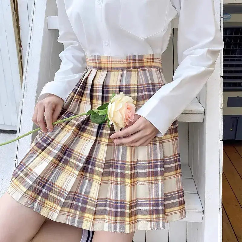 ZOKI plaid pleated high-waist mini skirt for women in beige-brown tones