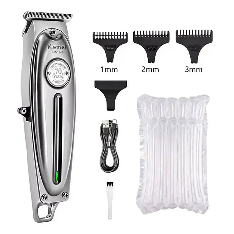 Kemei KM-1949 metal hair clipper by Simples Market with USB charging cord, 1–3mm combs, brush and bag.
