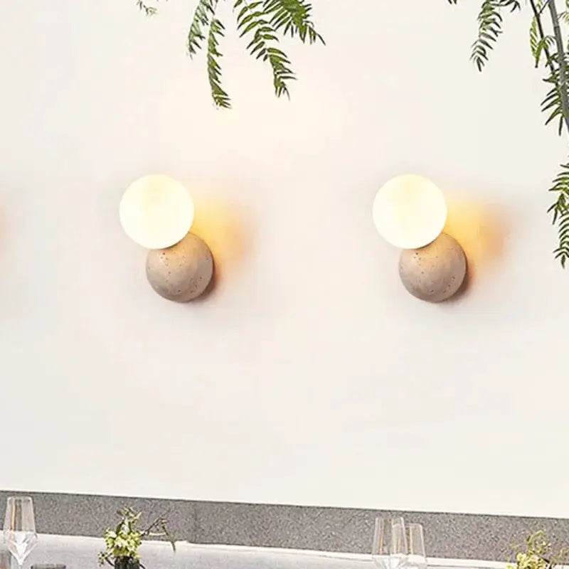 Simples Market cream round LED wall lamps on stone bases, set of 2 with warm glow for bedroom or living room