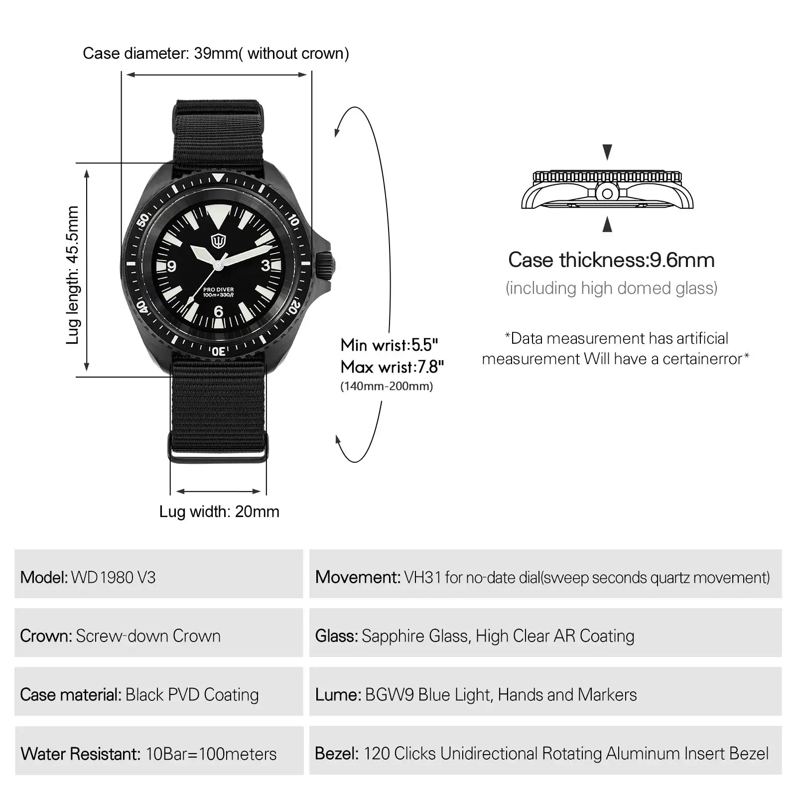Watchdives WD1980 V3 luxury men's wristwatch by Simples Market; black case and dial, fabric strap, sapphire AR glass