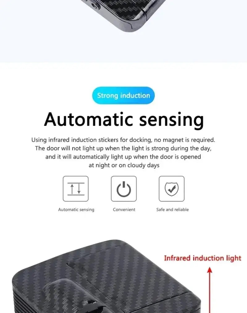 Wireless HD car door projector light with infrared sensing, black carbon-fiber housing