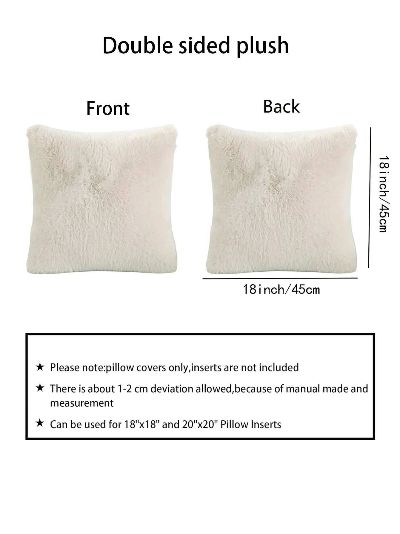 Simples Market 1pc plush pillow cover, double-sided faux fur, ivory, 18x18 inches