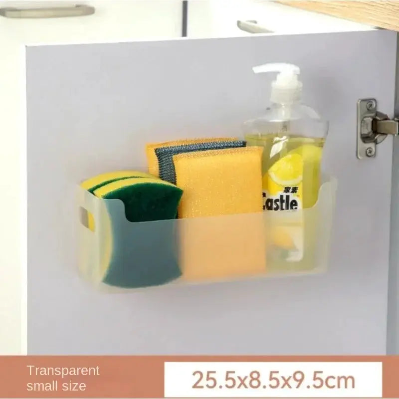 Simples Market transparent plastic cling film rack for cabinet door, holds sponge, scrub pads, and dish soap