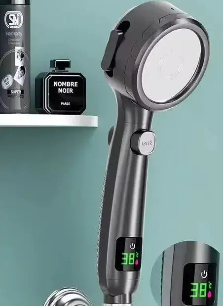 Simples Market high-pressure handheld shower head with water-saving feature, LED temperature display, adjustable spray.