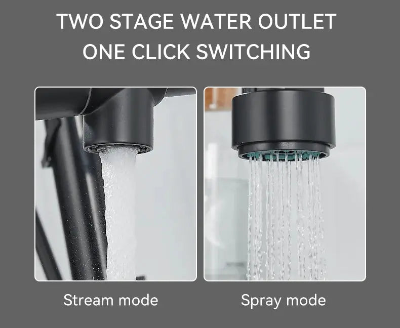 Simples Market kitchen faucet with pull-down sprayer, black finish, high-arc design with dual-mode stream and spray.