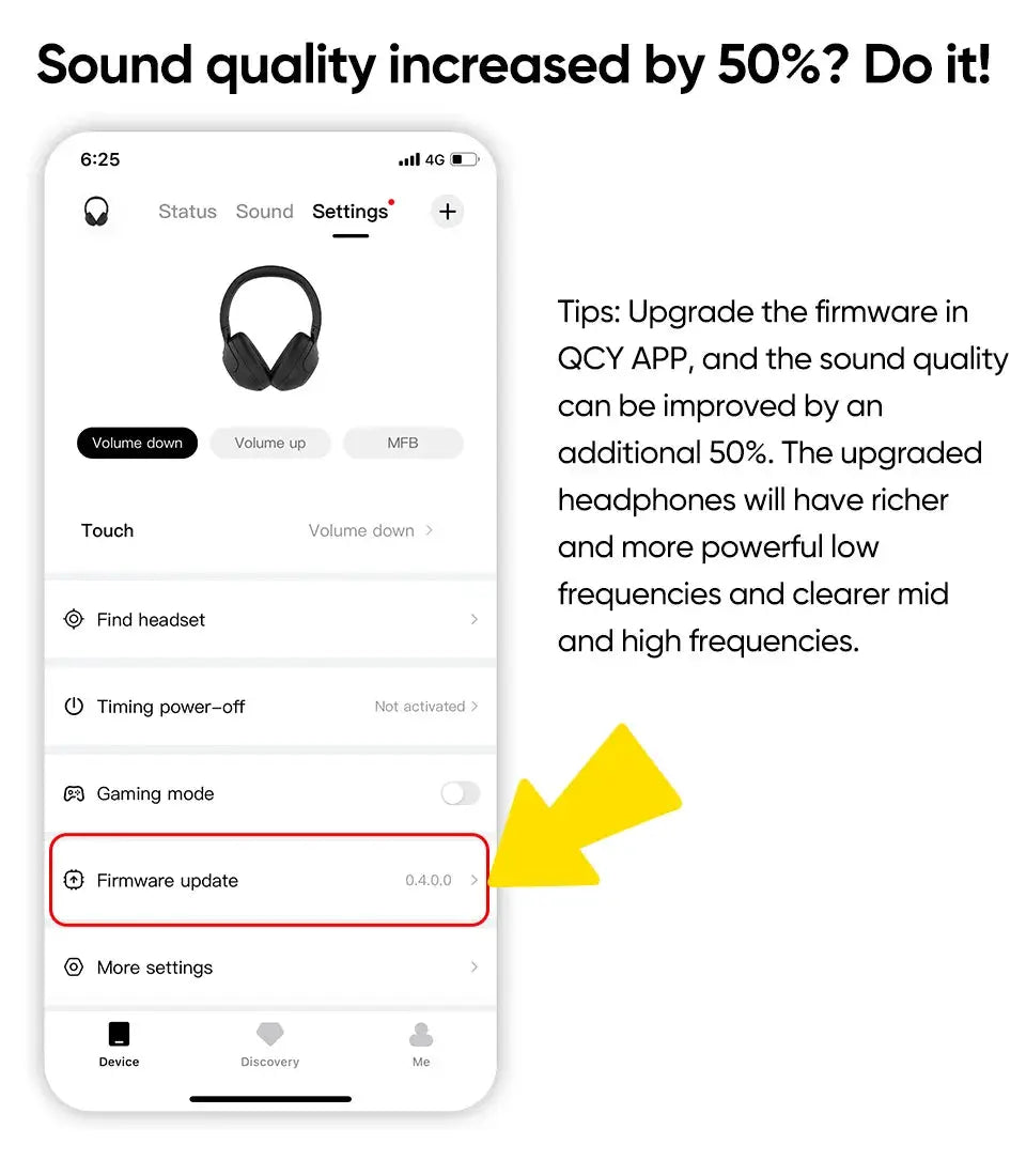 QCY H3 ANC wireless headphones, black over-ear headset, shown on an app settings screen highlighting firmware update