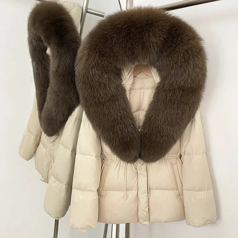 Womens Real Fox Fur Collar Duck Down Coat With Raccoon Fur Trim Hooded Puffer Jacket