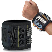 Magnetic tool wristband by Simples Market; black fabric band with strong magnets to hold nails and screws