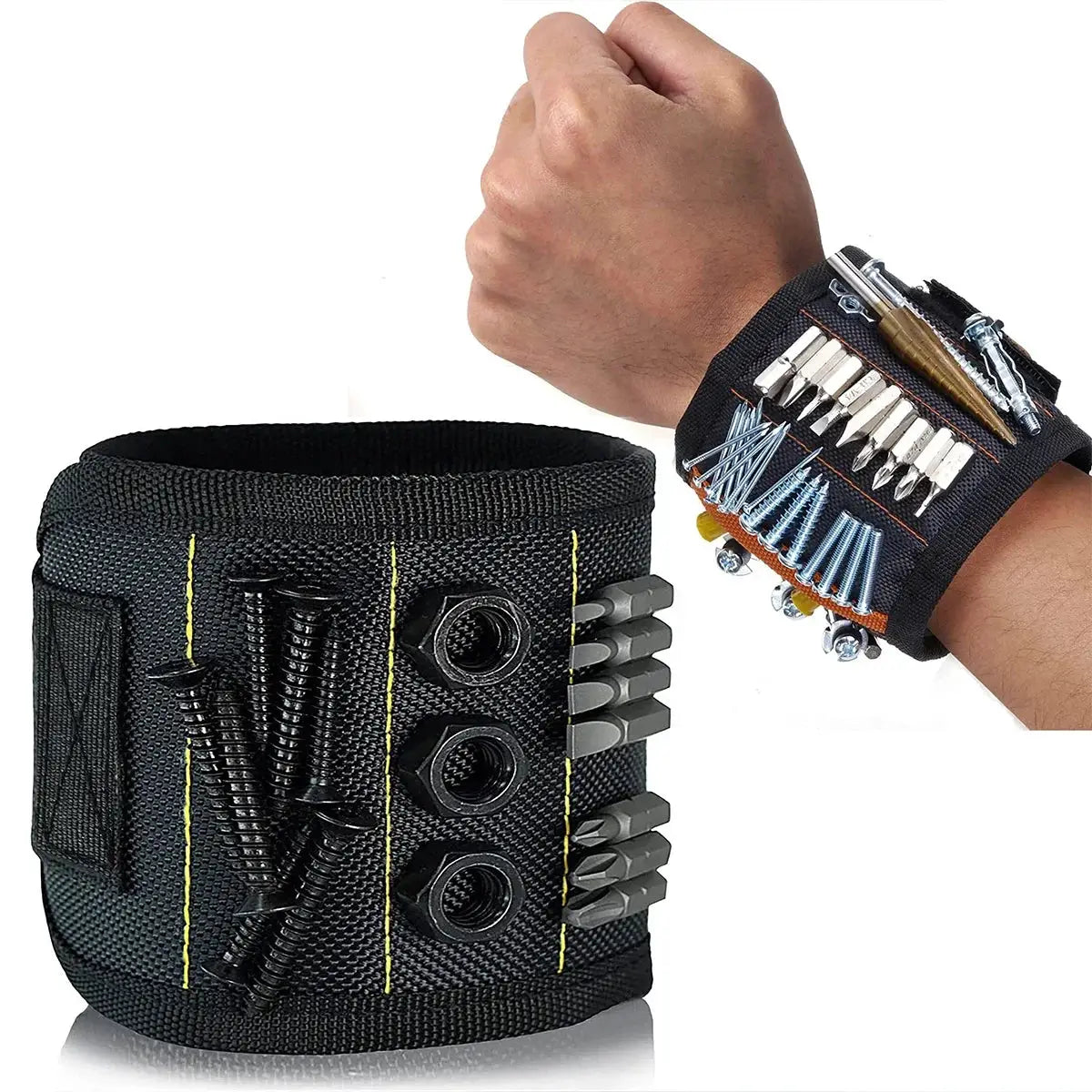 Magnetic tool wristband by Simples Market; black fabric band with strong magnets to hold nails and screws