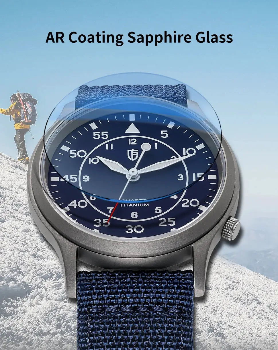 BERNY titanium men's watch with blue dial, sapphire glass and AR coating, navy fabric strap