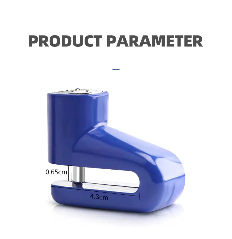 Motorcycle disc brake lock, blue, by Simples Market, compact anti-theft security device.