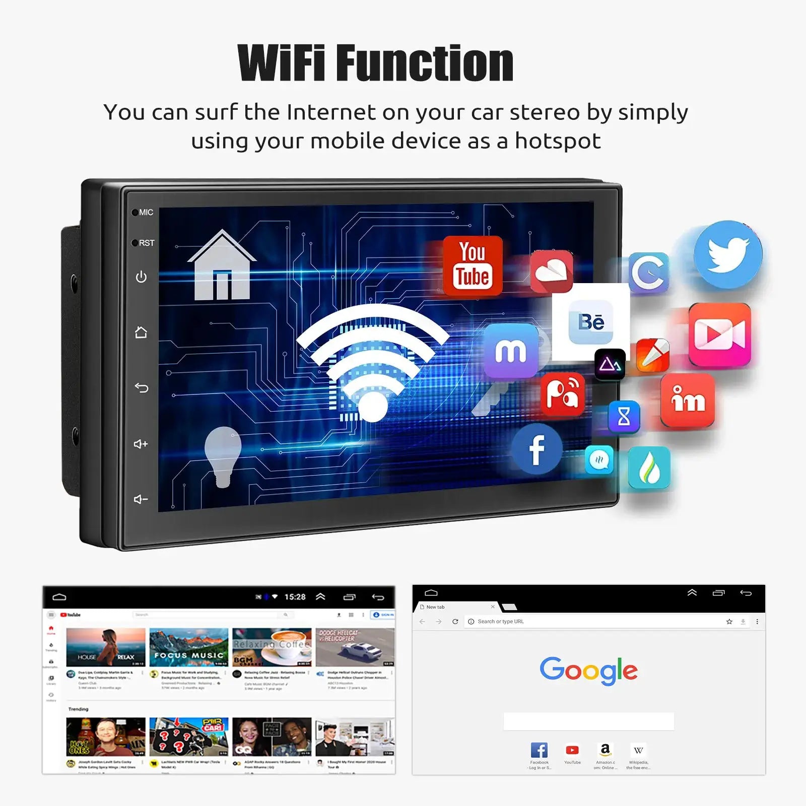 2-DIN ESSGOO Android car stereo head unit with touchscreen, Wi‑Fi, Bluetooth, CarPlay/Android Auto and GPS navigation