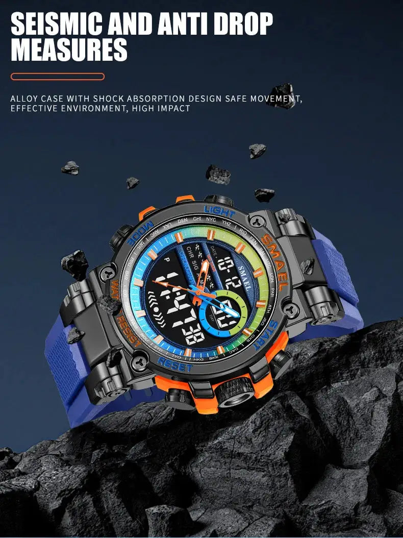 SMAEL 8141 men's digital sport watch with alloy case and blue TPU strap, 50M water resistant, alarm and stopwatch