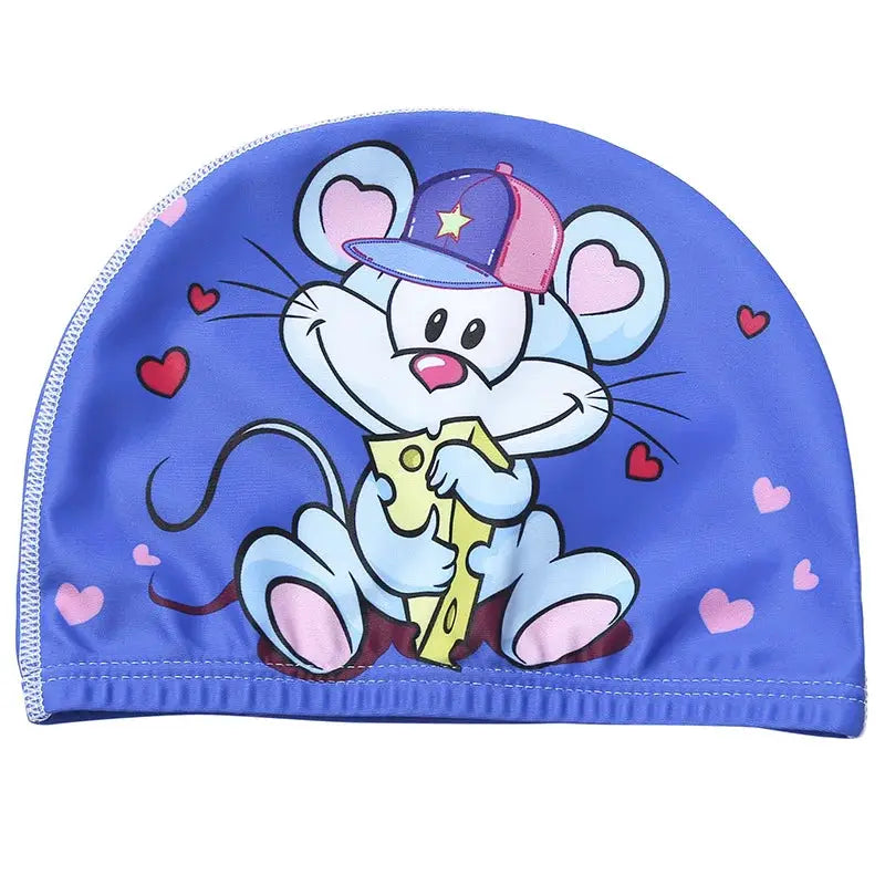 Kids Cartoon Swim Cap Elastic Fabric Pool Water Sports Ears Protection Hat Bathing Cap Boys Girls