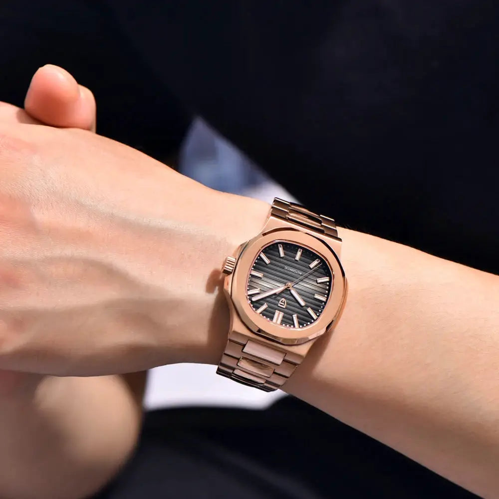 Pagani Design rose-gold men's wristwatch with black textured dial, automatic movement and stainless steel bracelet