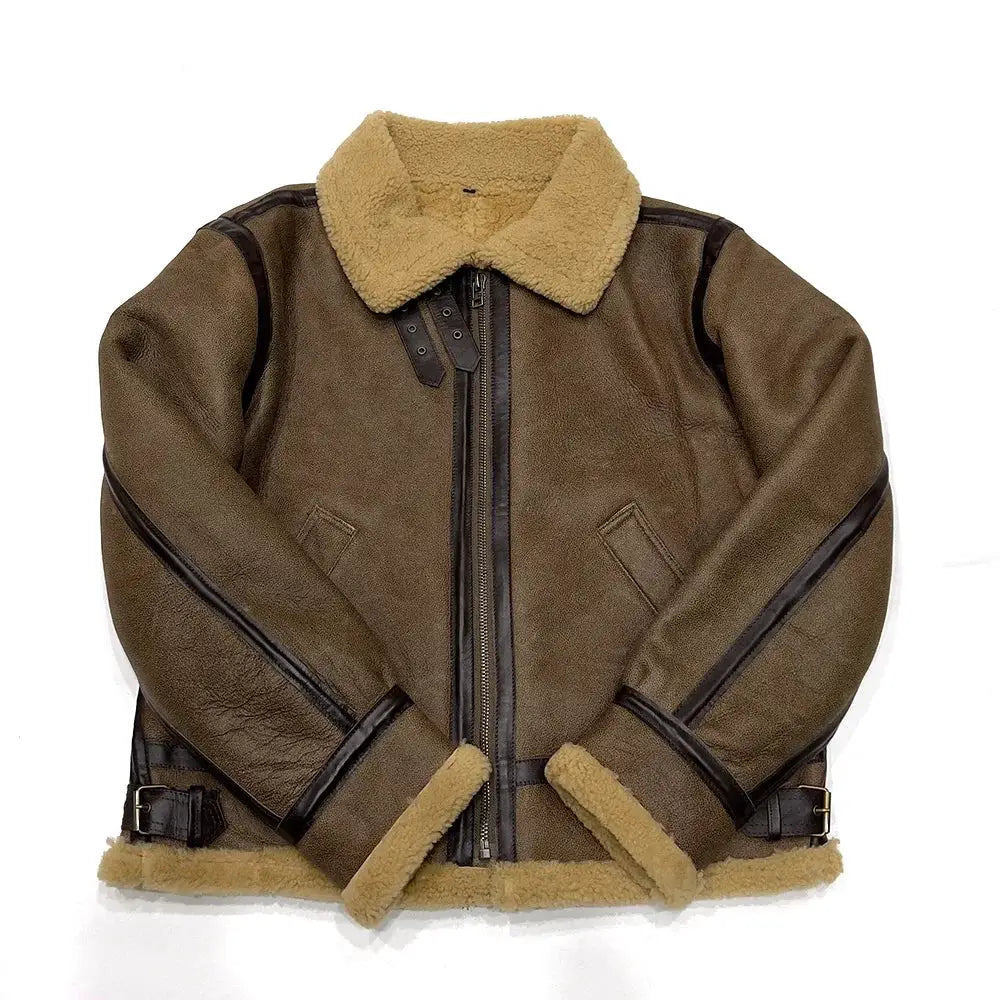 Men's shearling leather jacket, brown with tan shearling collar, zip front