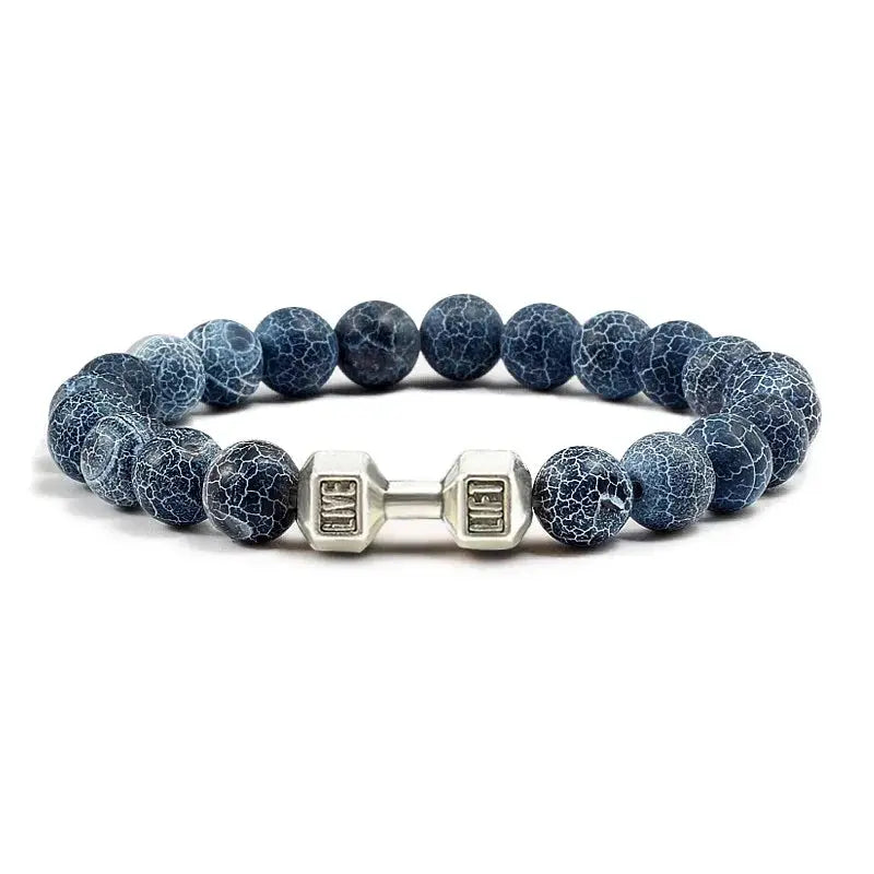 Natural Volcanic Stone Bracelet For Men And Women Matte Black Lava White Beads Dumbbell Charm Strand Fitness Jewelry
