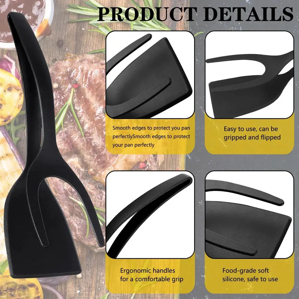 2 In 1 Grip Flip Spatula Tongs Egg Flipper Nylon Nonstick Coating For Pancakes Fish French Toast Omelets