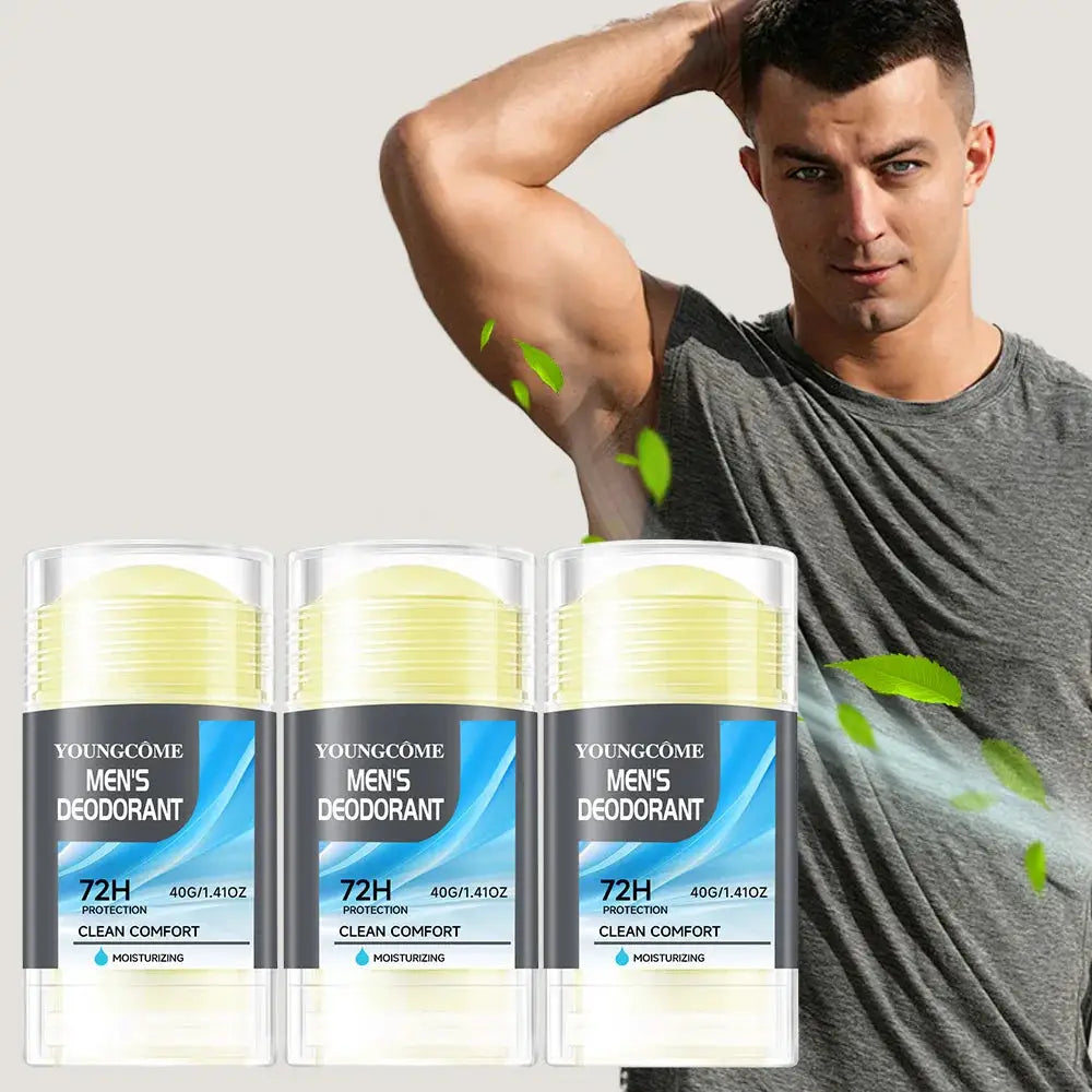 Men's deodorant sticks (3) with clear caps and blue labels by Youngcome
