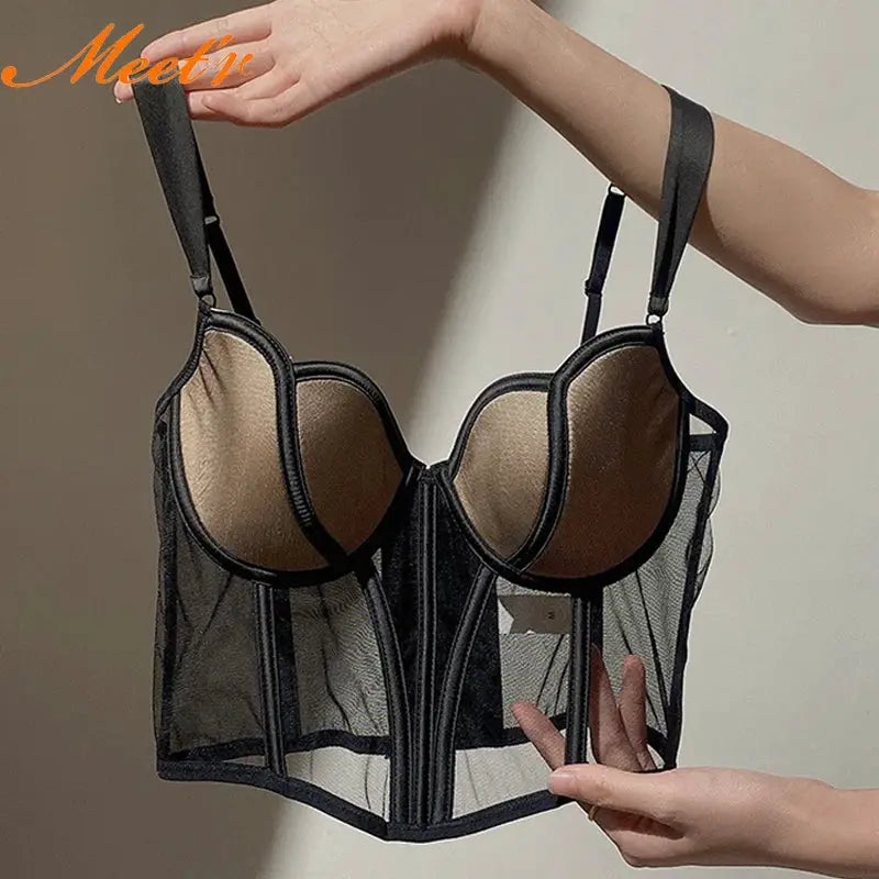 Meet'r push-up bra, black sheer lace with beige cups, mesh back, fishbone corset-style