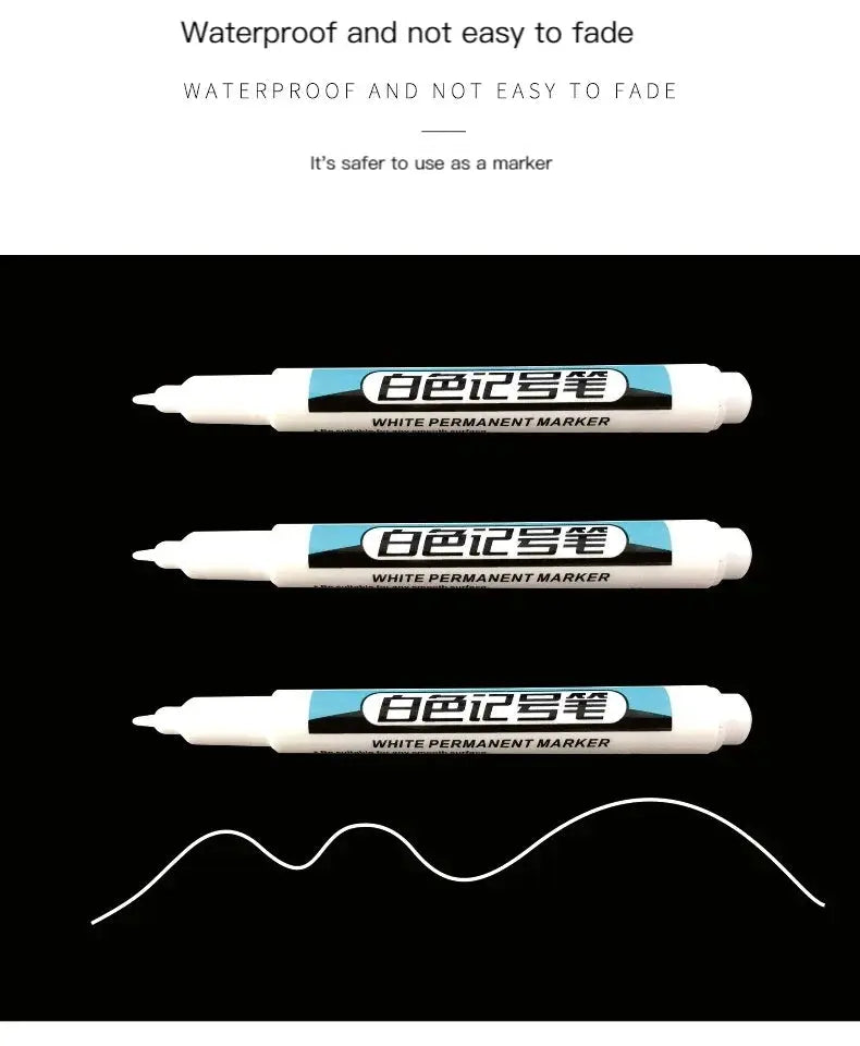 Three white permanent marker pens set with blue labels; 0.7mm tip