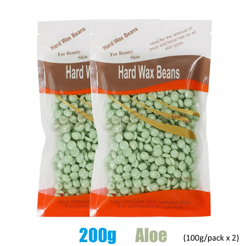 Two bags of aloe hard wax beans, 200g total (100g each), mint-green beads.