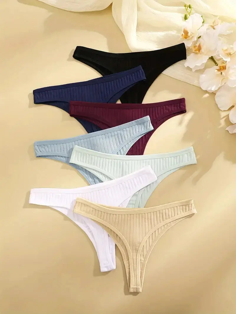 6-pack ribbed cotton thong panties for women by Simples Market in black, navy, burgundy, light blue, white, beige
